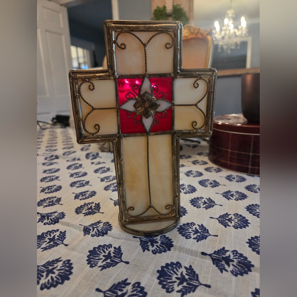 Stained Glass Cross with Red and Cream Accents Candle